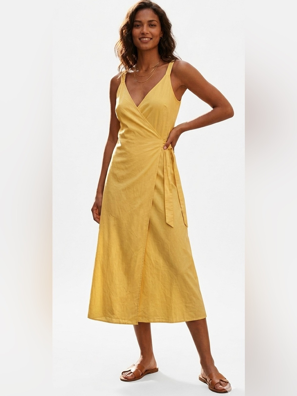 Everlane Mustard Yellow Wrap Midi Dress Deep V-Neck Casual Summer Size 12